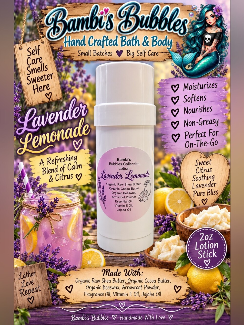 New! Bambis Bubbles Lavender Lemonade Lotion Stick 2oz